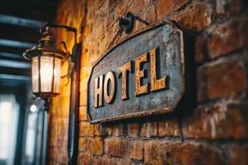 Vintage Hotel Sign on Rustic Brick Wall with Lantern