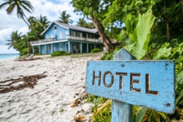 Tropical Beach Hotel Sign with Rustic Blue Building