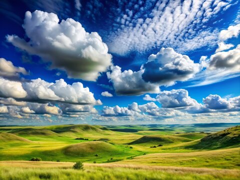 Serene and expansive blue sky with puffy white clouds stretches above a rolling hills prairie landscape, evoking feelings of freedom and tranquility.