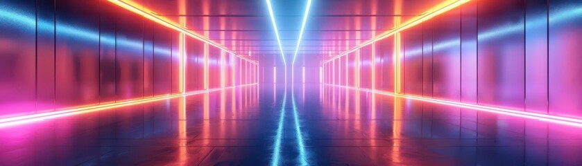 A vibrant corridor illuminated by colorful neon lights, creating a futuristic and energetic atmosphere for visual creativity.