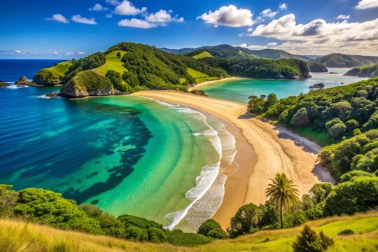 Serenene Matapouri Beach on North Island's east coast features turquoise waters, golden sand, and lush green hills under a clear blue sky in New Zealand.