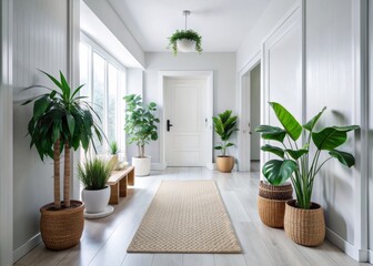 Fototapeta premium Sleek white floor in a modern hallway adorned with a woven door mat and lush green houseplants, adding warmth and natural elegance to the space.