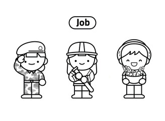 귀여운 직업 윤곽선 일러스트 세트: 군인, 소방관, 농부