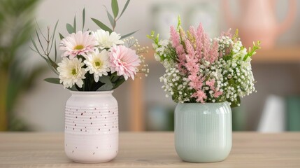Obraz premium Fresh Flowers in Vases on Wooden Table With Blurred Green Background