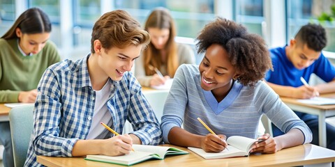 Two intent learners sit together, pens poised, intensely taking notes and sharing ideas in a bustling academic setting, exemplifying cooperative learning and academic discipline.