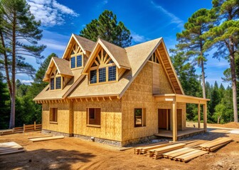 Obraz premium Under-construction L-shaped wooden house with gabled dormer roof, OSB plywood sheeting envelope, and frame truss beam in suburban Atlanta, Georgia, amidst new development.