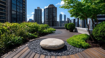 Rooftop meditation space, zen garden, city backdrop