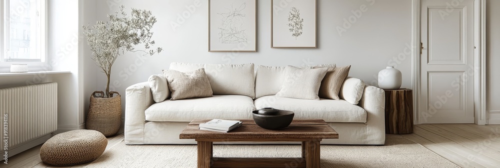 Wall mural A serene living room featuring a white sofa with plush cushions, a wooden coffee table, and a potted plant. The space is bathed in natural light, creating a calm and inviting atmosphere.