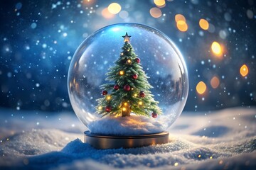 Image of christmas tree in snow globe with glowing fairy lights and shooting star on wooden surface. christmas festivity celebration concept digitally generated image.
