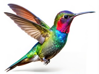 Obraz premium Vibrant hummingbird in mid-air, wings beating rapidly, captured in a multishot sequence, isolated on a clean white background, showcasing its iridescent feathers and swift motion.