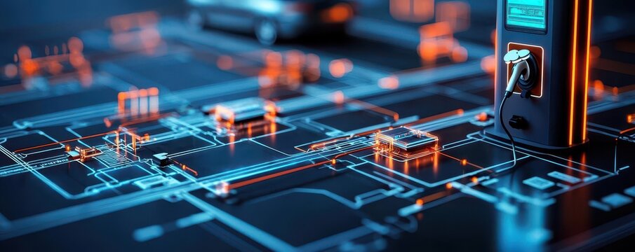 Blueprint of an electric vehicle charging station, detailed layout and wiring plans