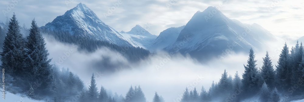 Sticker A serene winter scene showcasing a snow-capped mountain range cloaked in a thick blanket of fog, with tall evergreen trees standing tall in the foreground symbolizing nature's resilience, peace, and t