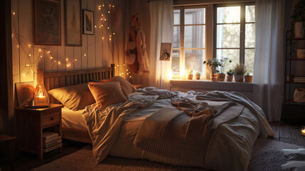 Cozy bedroom with warm lighting and natural decor, inviting and tranquil atmosphere