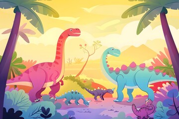 Cartoon Dinosaurs in a Lush Landscape