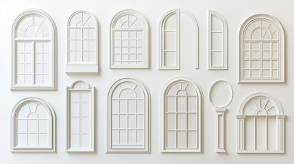 Obraz premium A collection of window frames in various shapes and sizes. They are predominantly white in color and are set against a white background. The windows vary in design, including arched, rectangular