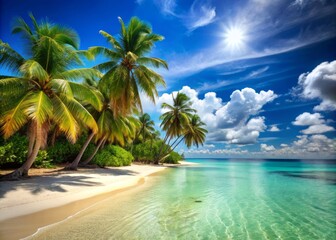 Warm sandy beach with palm trees, clear turquoise water, and sunny blue sky, perfect for a relaxing summer vacation getaway.