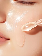 Close-up of a person applying facial serum with a dropper on smooth, glowing skin for skincare routine and beauty treatment.