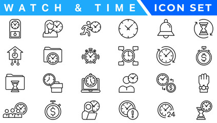 Watch,Time and clock, calendar, timer line icons. Vector linear icon set