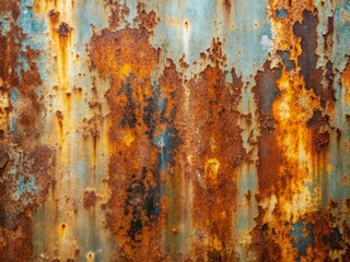 Weathered metal background with rusted, corroded texture and distressed finish, evoking an industrial, abandoned aesthetic with hints of decay and neglect.