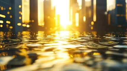Obraz premium A serene sunset reflecting on water, creating a tranquil ambiance in a cityscape with modern architecture.