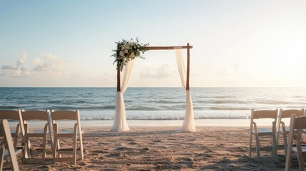 A romantic beach wedding setup featuring an altar adorned with flowers and chairs arranged for guests along the shoreline.