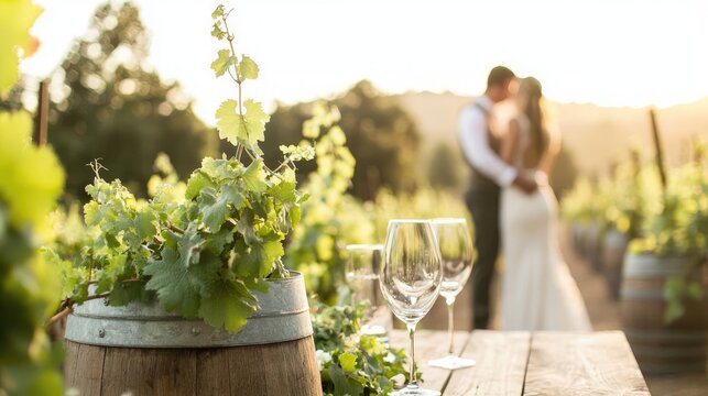 A romantic vineyard scene with a couple embracing at sunset, surrounded by lush grapes and elegant wine glasses.