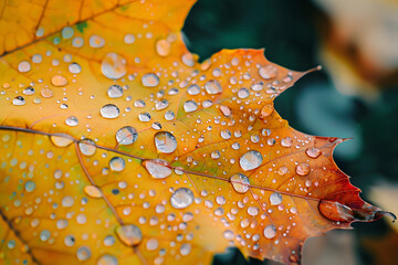 Autumn maple leaf with water drops background.