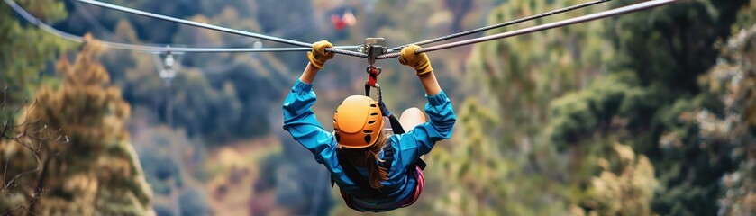 An adventurous child zip-lining through a lush forest, enjoying an exhilarating outdoor experience in nature.