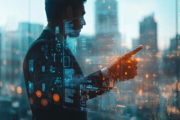 Businessman Interacting with Futuristic Cityscape Interface