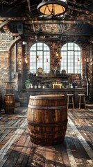 Rustic bar interior featuring wooden barrels, exposed brick, and warm lighting, creating a cozy and inviting atmosphere.