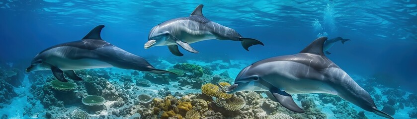 Fototapeta premium A captivating underwater scene featuring dolphins swimming gracefully over a vibrant coral reef.