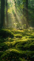 Fototapeta premium Serene forest scene with sunlight filtering through trees, illuminating a lush moss-covered ground.