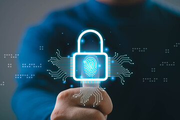 Digital security concept with a fingerprint scan and padlock symbol. Ideal for cybersecurity,...