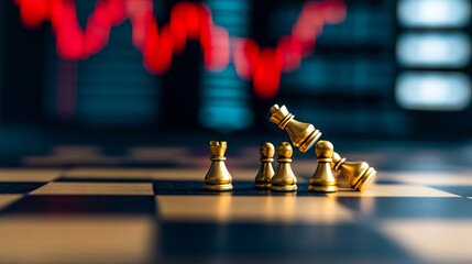 A chess board with chess pieces on it and a stock market chart in the background