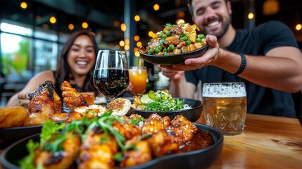 Weekend brunch scene, friends laughing, colorful dishes