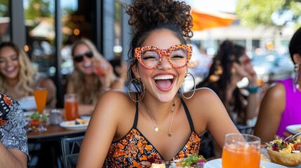 Weekend brunch scene, friends laughing, colorful dishes