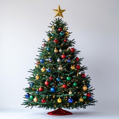 Obraz premium Medium-Sized Christmas Tree with Colorful Baubles and a Golden Star: Festive and Vibrant Holiday Decor