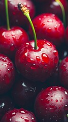 A bunch of cherries with water droplets on them