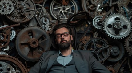 A man dressed in a suit relaxes with closed eyes, surrounded by an array of vintage gears and cogs, creating a striking juxtaposition of style and machinery