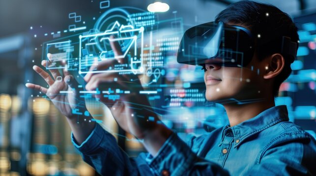 A young individual wearing a virtual reality headset interacts with a 3D holographic display, exploring digital interfaces in a modern technology center during the evening hours