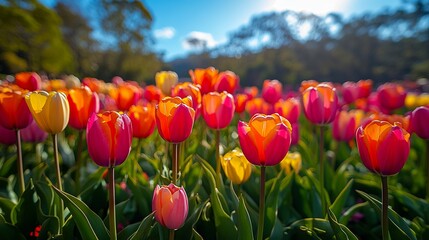 Obraz premium A field of colorful tulips with a blue sky in the background