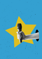  Art collage, one hand holds the microphone. Announcement, sing, star concept. Poster.