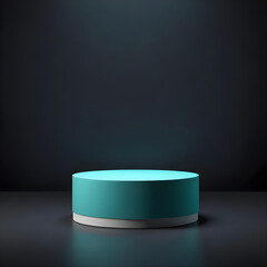 A red round box platform display with a neon modern stand podium