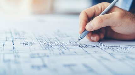 Closeup of a hand sketching on an electrical blueprint, wires and connections in focus