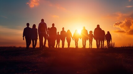 A group of friends strolls together along the beach, holding hands as they enjoy the beautiful sunset glowing in the sky