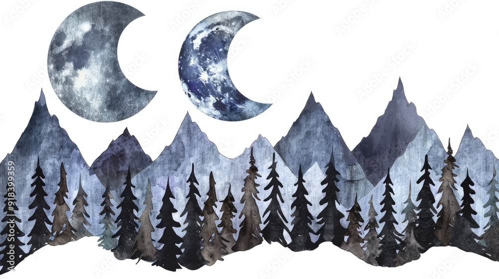 Sticker a double exposure illustration of mountains and trees with a moon in the sky