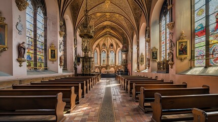 Fototapeta premium The interior of a historic church showcases elegant arches, wooden pews, and vibrant stained glass, creating a tranquil atmosphere filled with natural light