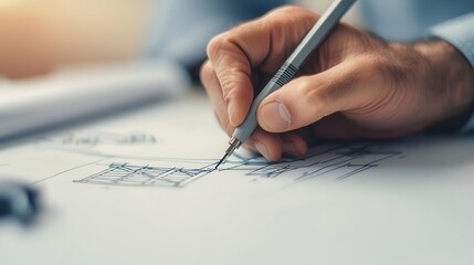 Closeup of a hand sketching a structural component on a blueprint, precise drafting