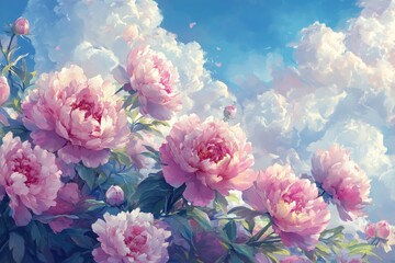 Resplendent Peony Blossoms Grace the Sky with Delicate Hues, an Animated Style Celebration of Nature's Elegance,Abstract concepts, game concept art, storybook illustrations, comic strips