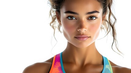 Portrait of a fit and beautiful woman wearing a colorful summer sports bra, with her hair tied back, isolated on a white background